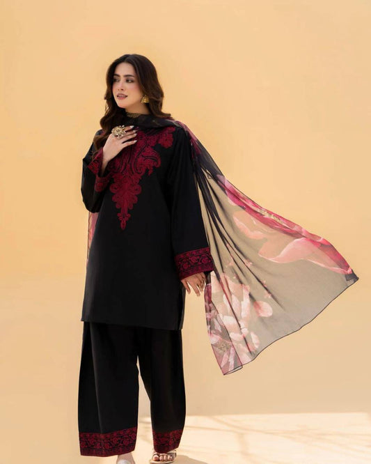 Jazmin Fully Embroidered LINEN 3Pc With Printed Chiffon Duppata