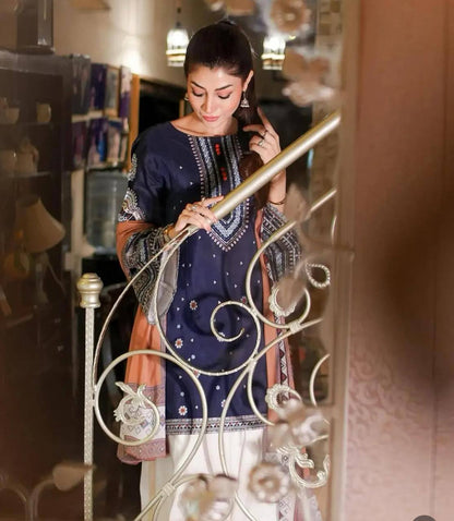 Jazmin Fully Embroidered LINEN 3Pc With Printed Chiffon Duppata