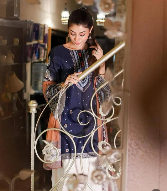 Jazmin Fully Embroidered LINEN 3Pc With Printed Chiffon Duppata