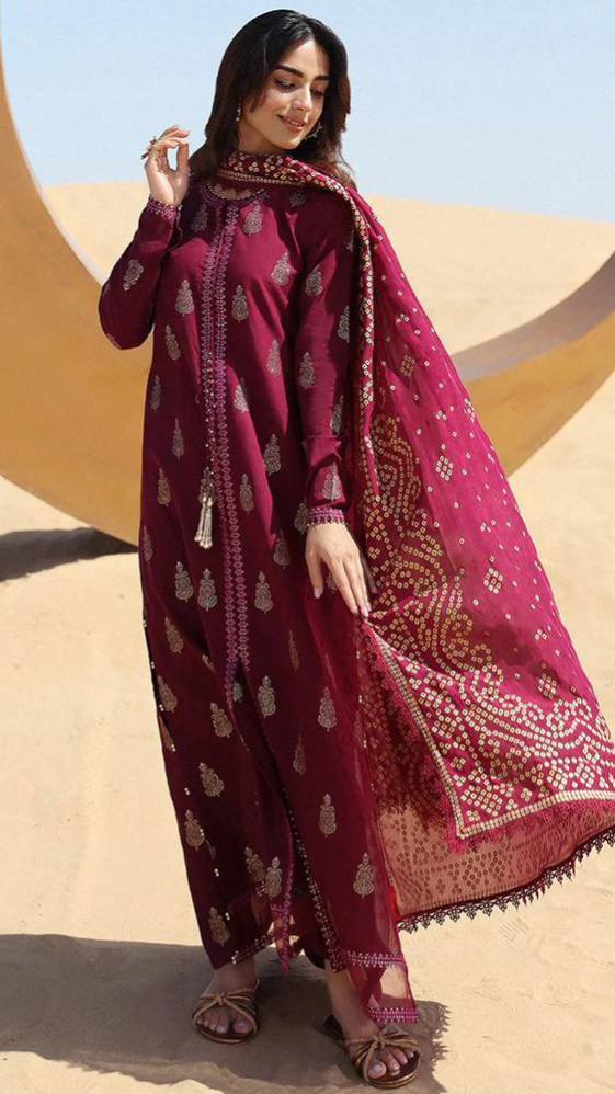 Jazmin Fully Embroidered LINEN 3Pc With Printed Chiffon Duppata
