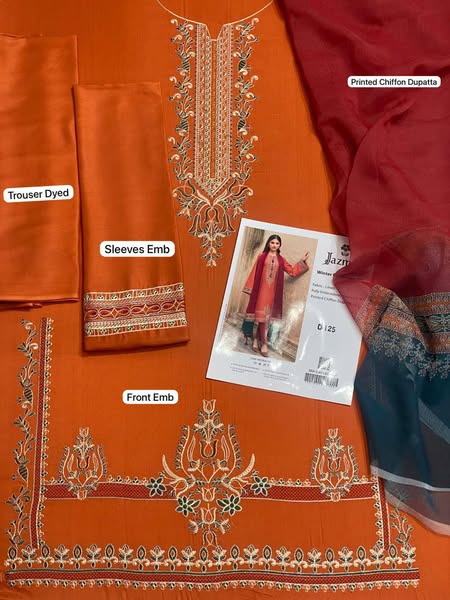 Jazmin Fully Embroidered LINEN 3Pc With Printed Chiffon Duppata
