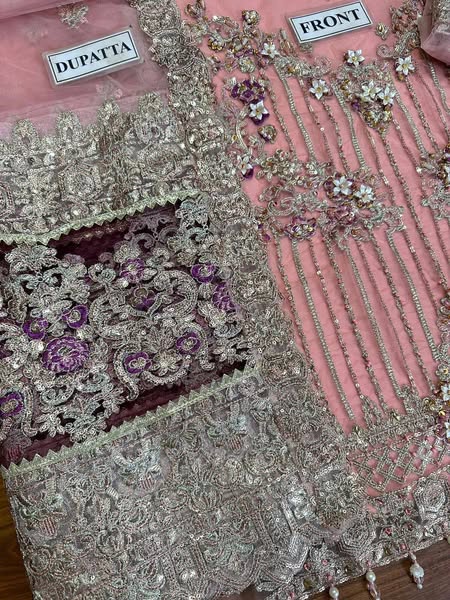 Net embroidered hand embellished luxury wedding unstitched 3pc FABRIC