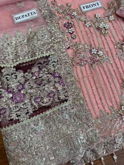 Net embroidered hand embellished luxury wedding unstitched 3pc FABRIC